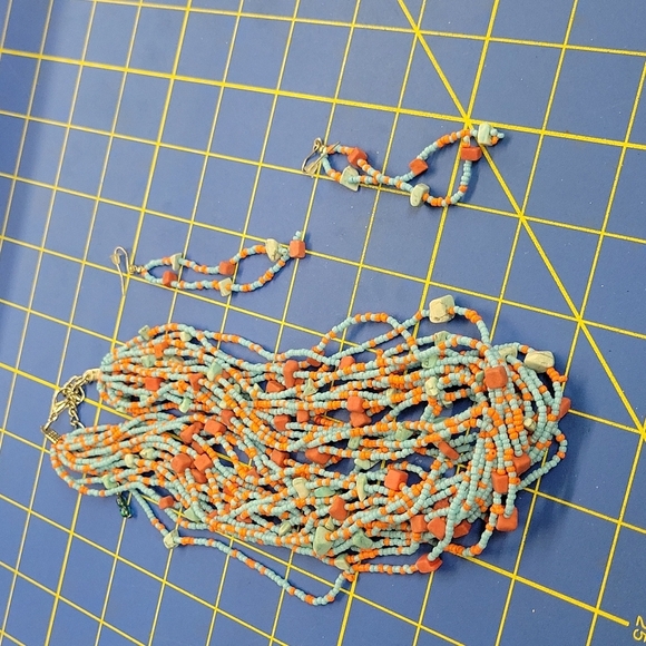 Multi Strand Beaded 18" Necklace & Earrings Set Blues & Coral - Picture 1 of 4